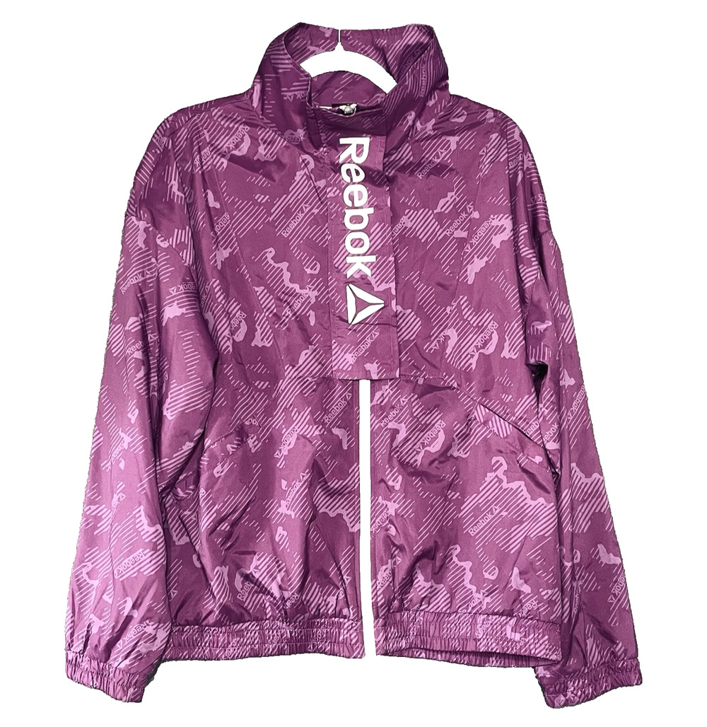 Reebok Womens Focus Track Jacket Full Zip Spell Out Logo Purple Windbreaker L